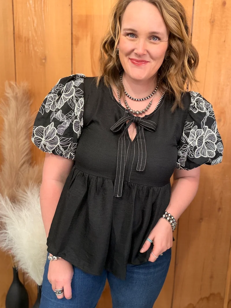 Black Embroidered Puff Sleeve Top