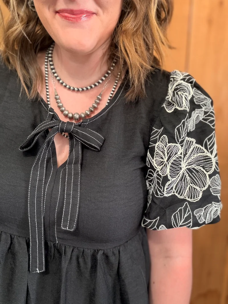 Black Embroidered Puff Sleeve Top