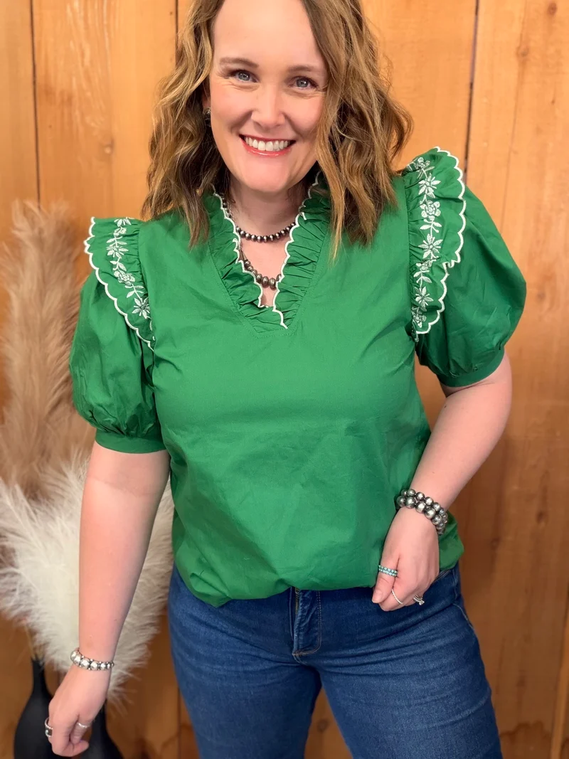 Green Embroidered Ruffle Shoulder Top