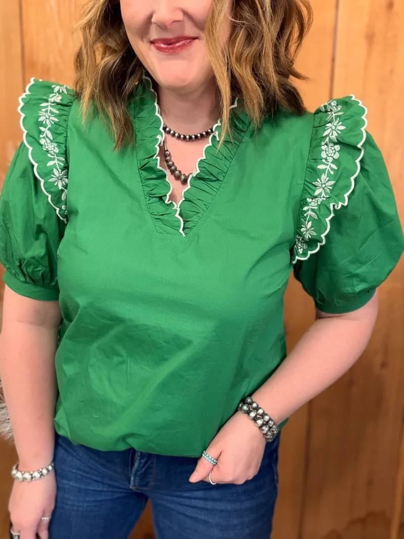 Green Embroidered Ruffle Shoulder Top