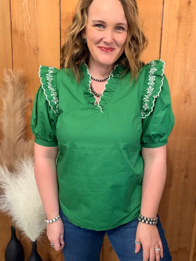 Green Embroidered Ruffle Shoulder Top
