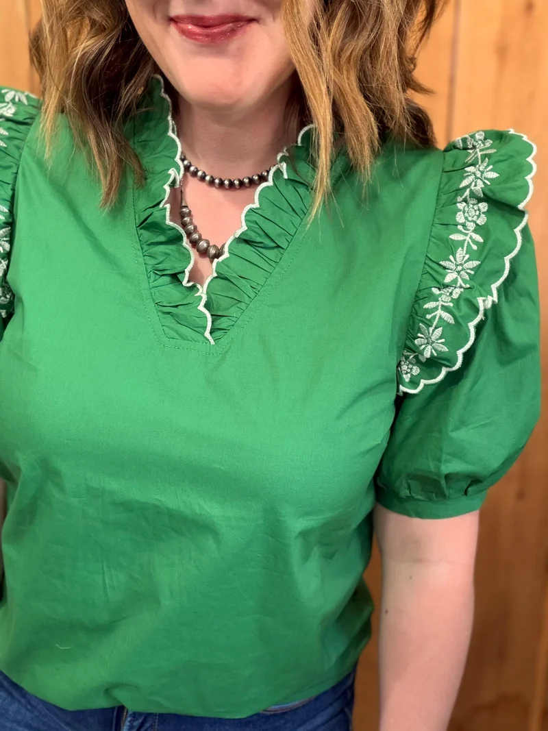 Green Embroidered Ruffle Shoulder Top