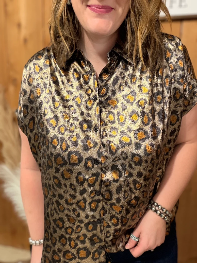 Leopard Shimmer Button Down Top
