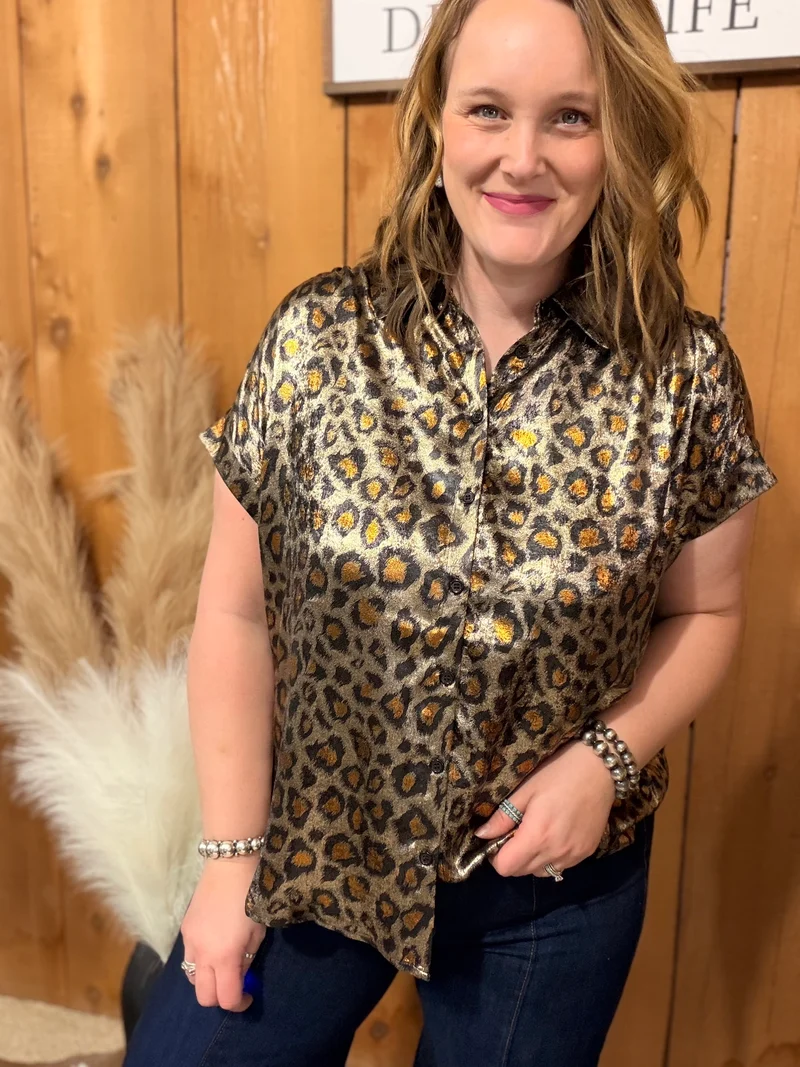 Leopard Shimmer Button Down Top