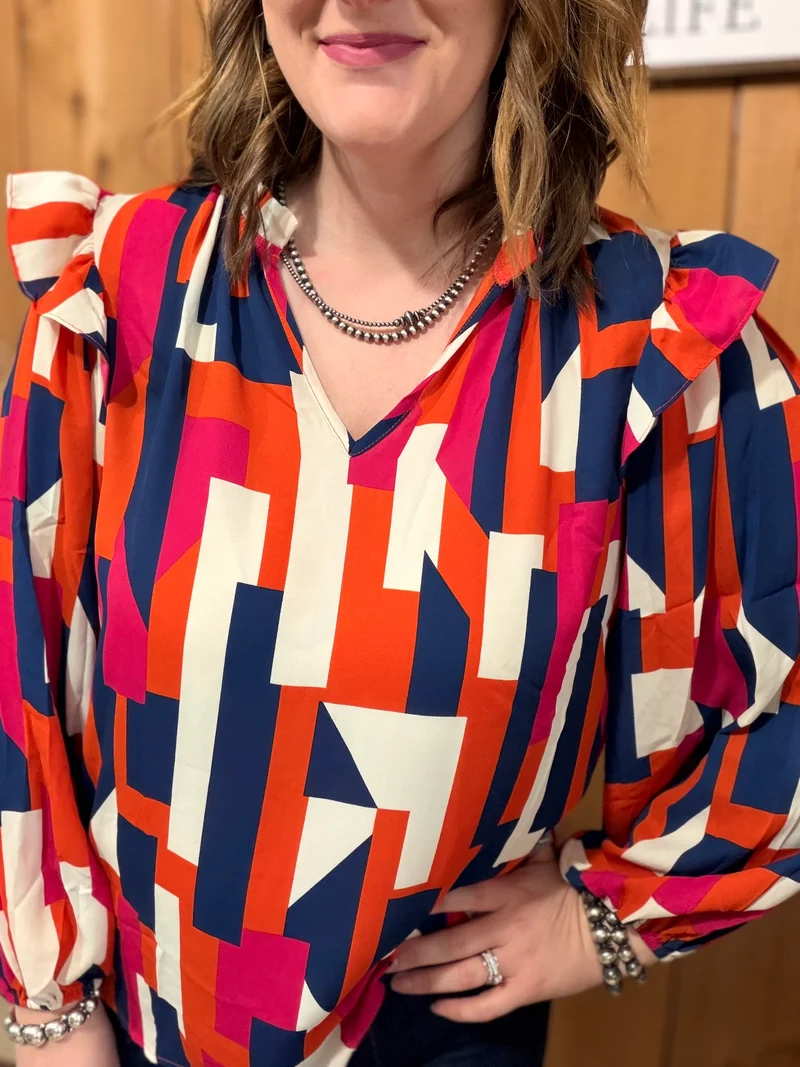 Navy/Orange/Pink Blocked Top
