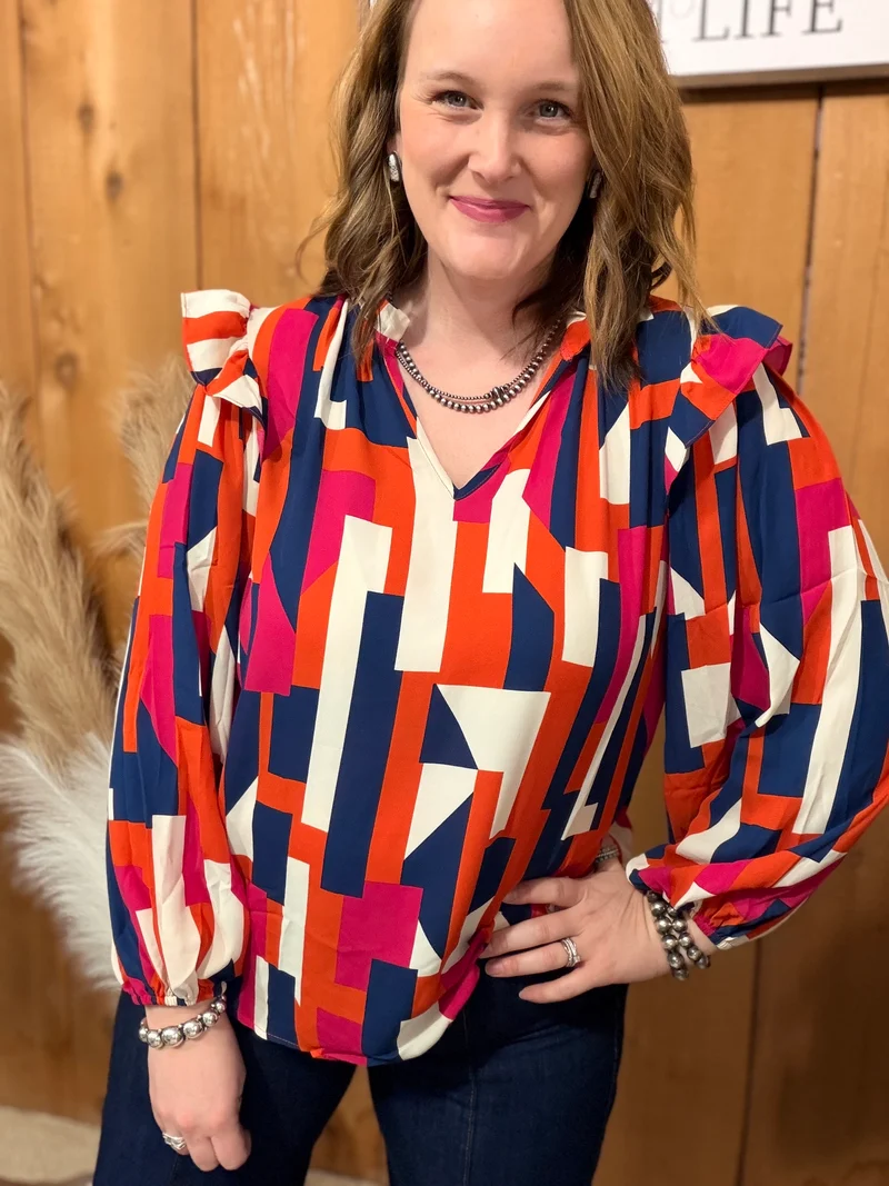 Navy/Orange/Pink Blocked Top
