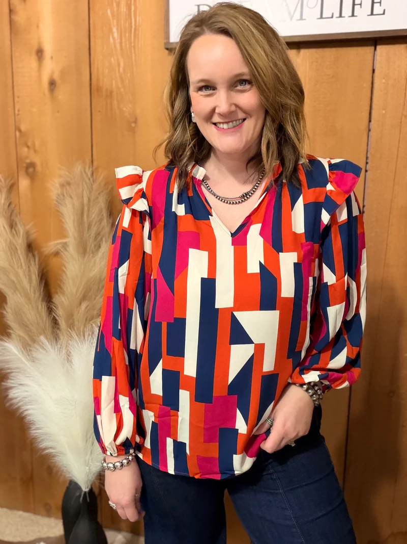Navy/Orange/Pink Blocked Top