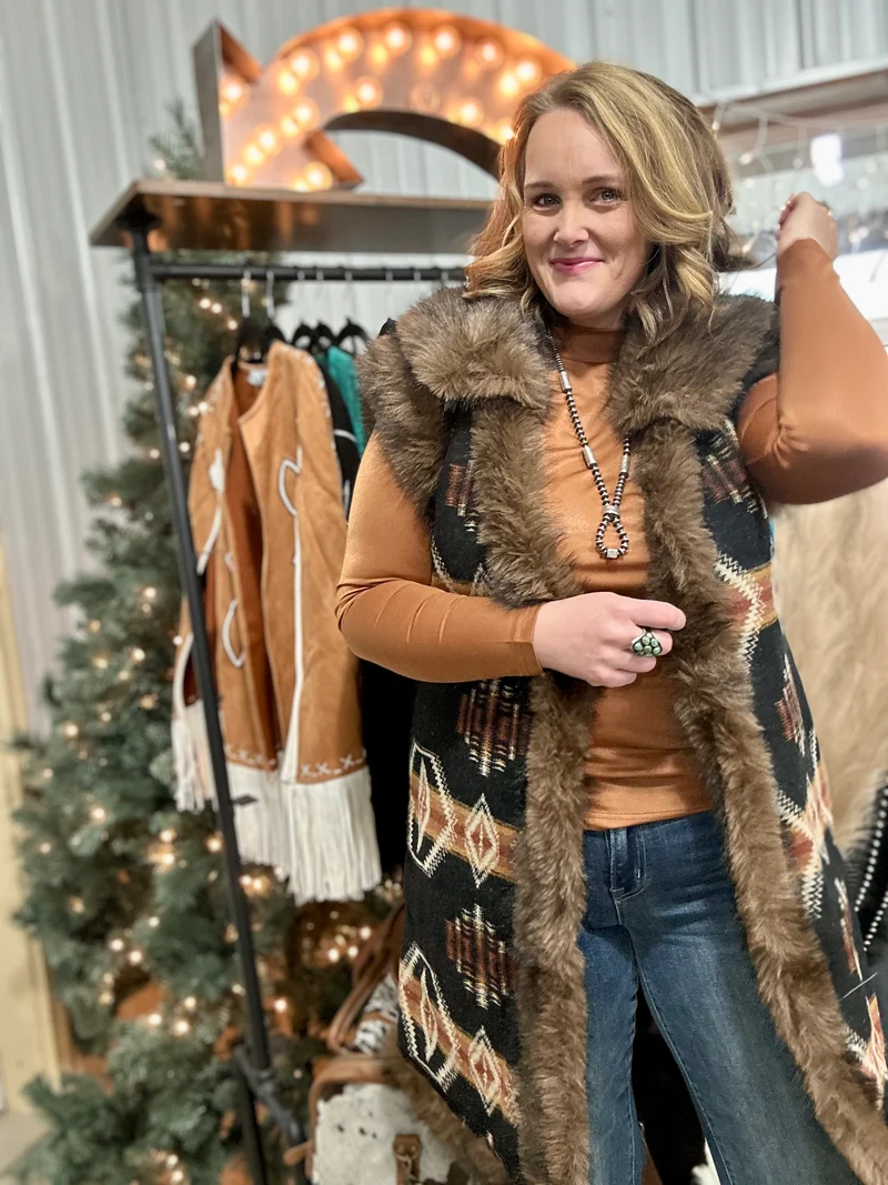 Black Aztec Fur Vest
