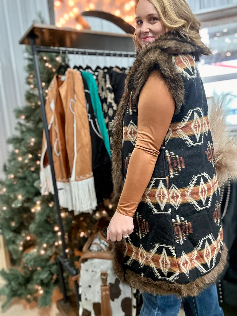 Black Aztec Fur Vest
