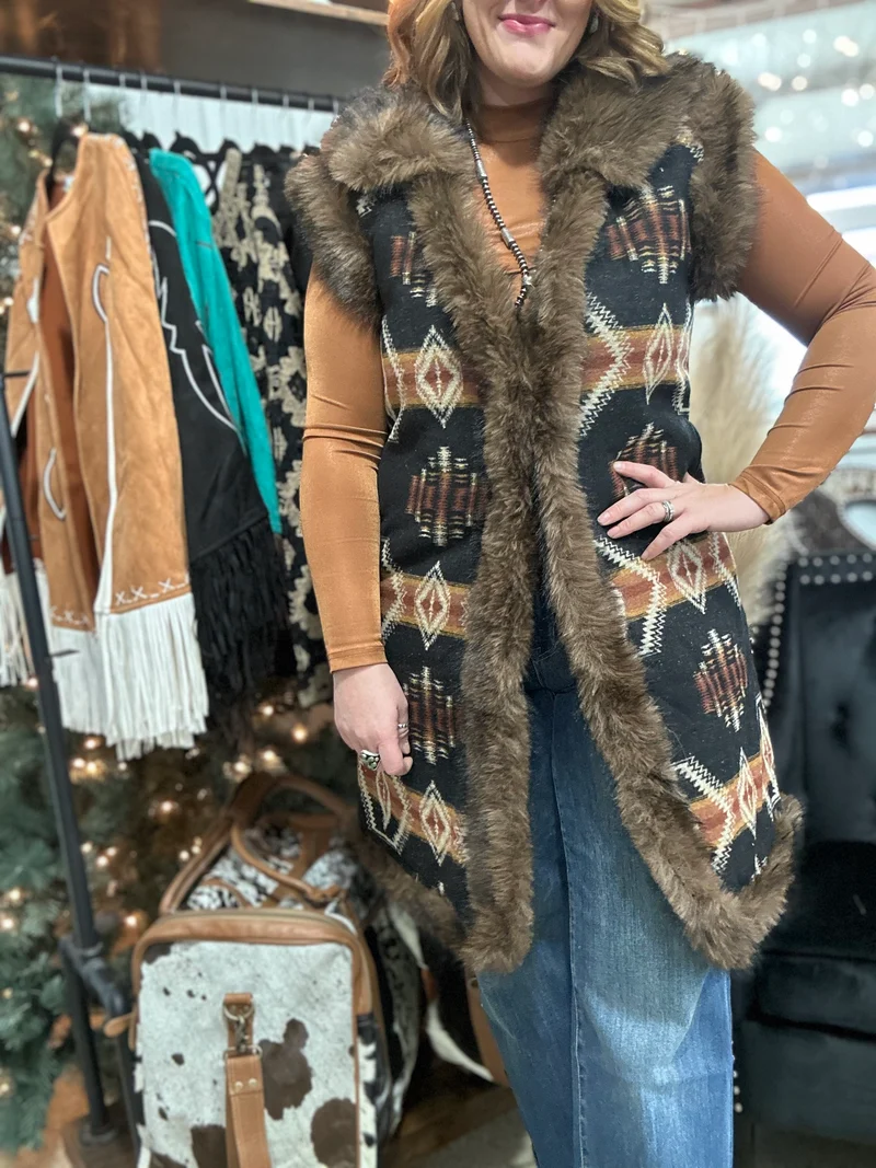 Black Aztec Fur Vest