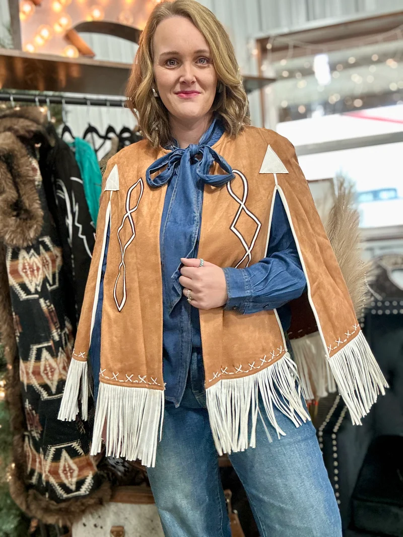 Tan Suede Boot Stitch Embroidered Cape