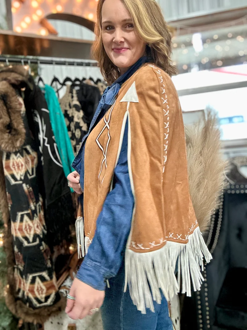Tan Suede Boot Stitch Embroidered Cape