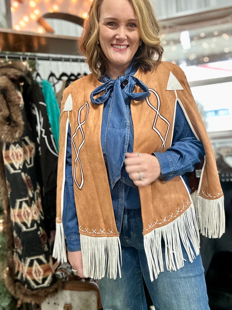 Tan Suede Boot Stitch Embroidered Cape