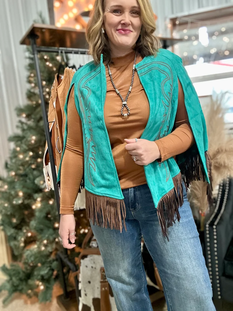 Teal Suede Boot Stitch Embroidered Cape