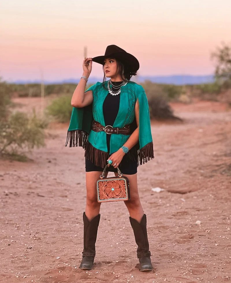 Teal Suede Boot Stitch Embroidered Cape