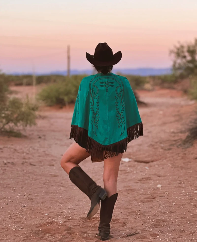 Teal Suede Boot Stitch Embroidered Cape