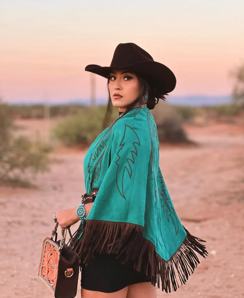 Teal Suede Boot Stitch Embroidered Cape