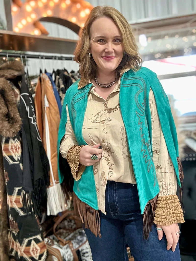 Teal Suede Boot Stitch Embroidered Cape