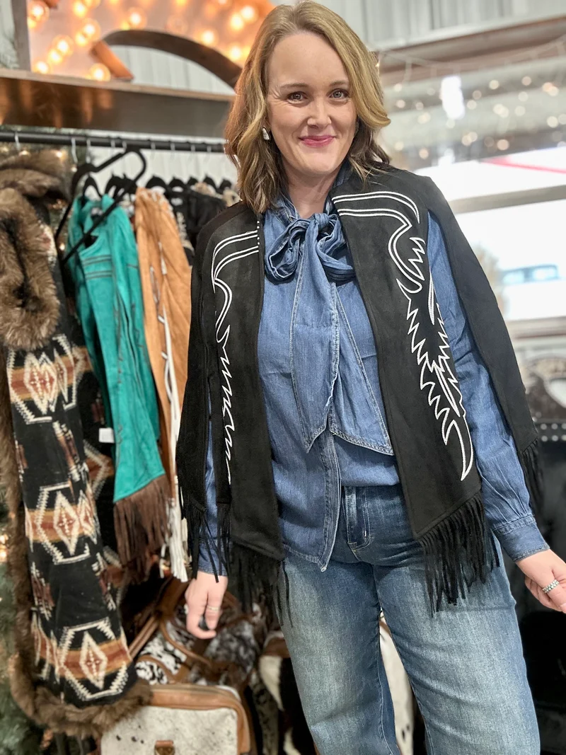 Black Suede Boot Stitch Embroidered Cape