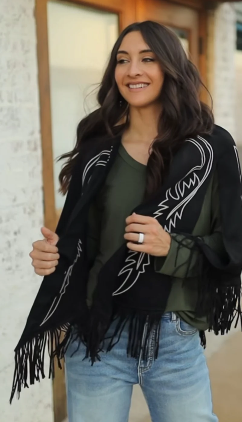 Black Suede Boot Stitch Embroidered Cape
