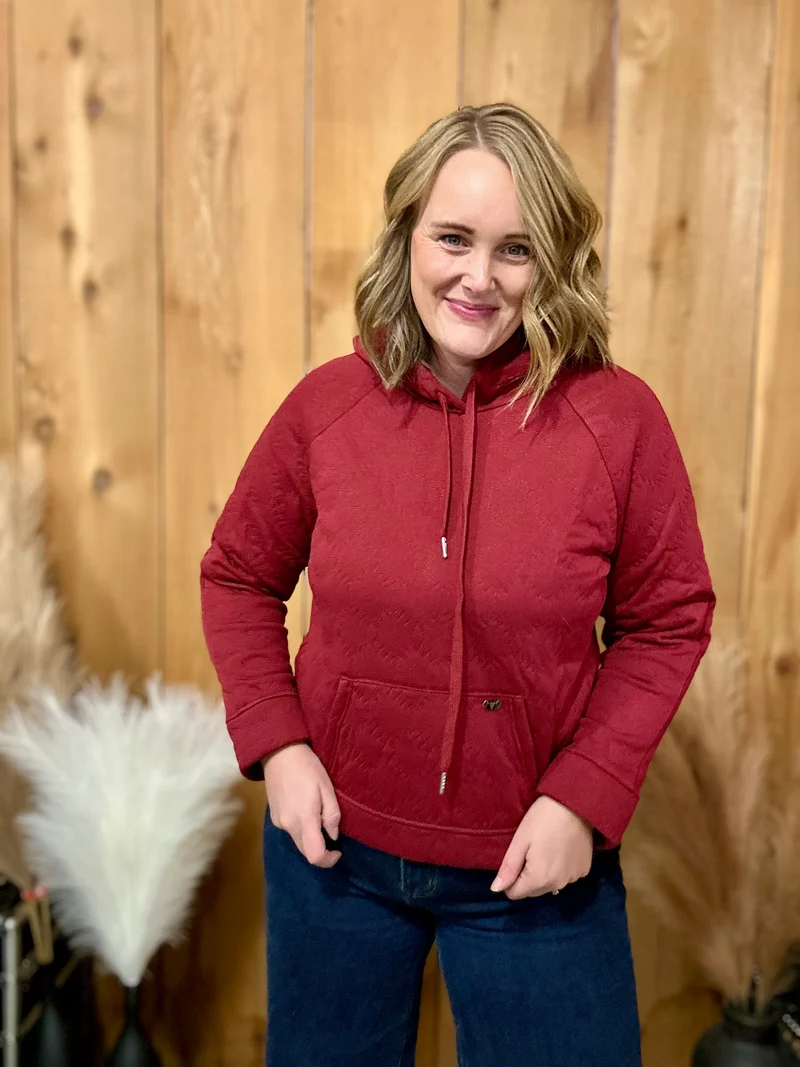 Burgundy Aztec Stitched Embroidery Hooded Sweatshirt