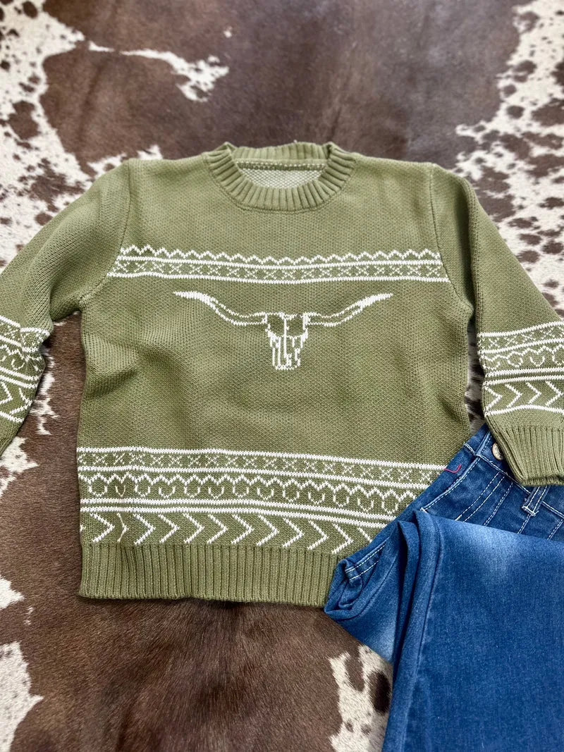 Girls Bull Skull Sweater - Olive