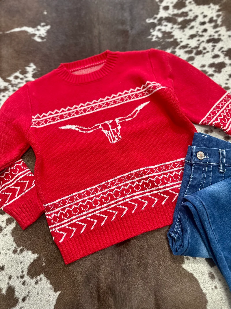 Girls Bull Skull Sweater - Red