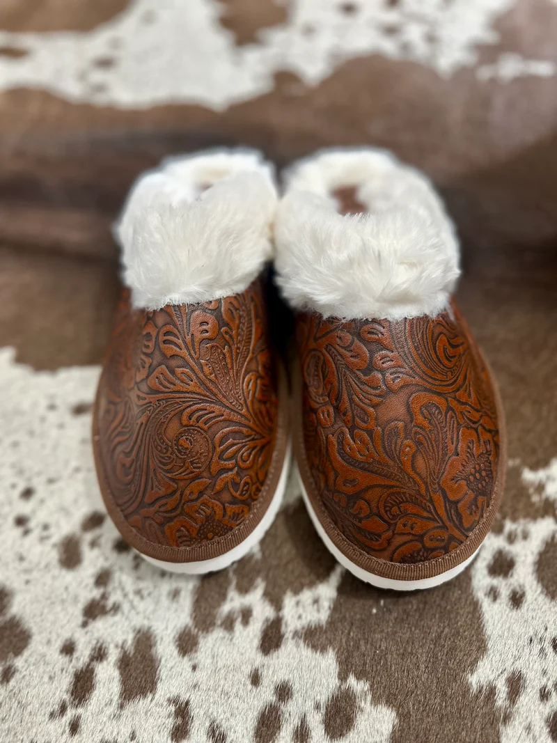 Brown Embossed Leather Slippers