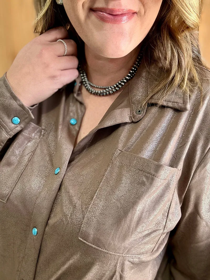 Chocolate Leather Lux Button Down Top