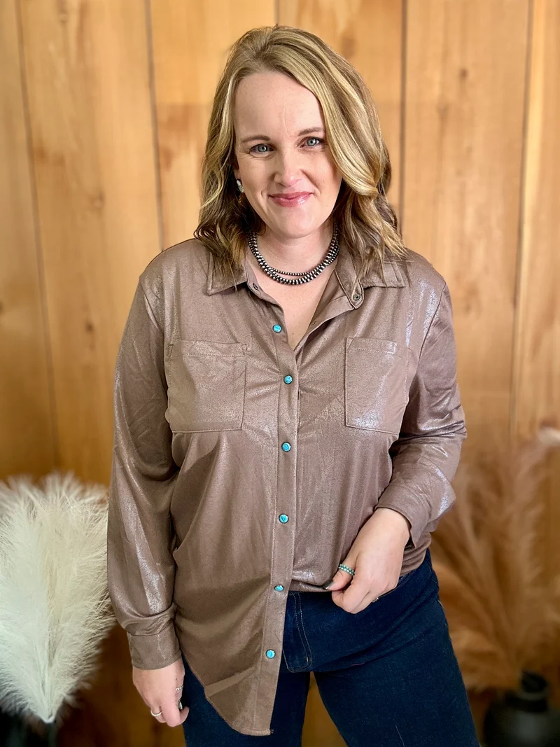 Chocolate Leather Lux Button Down Top