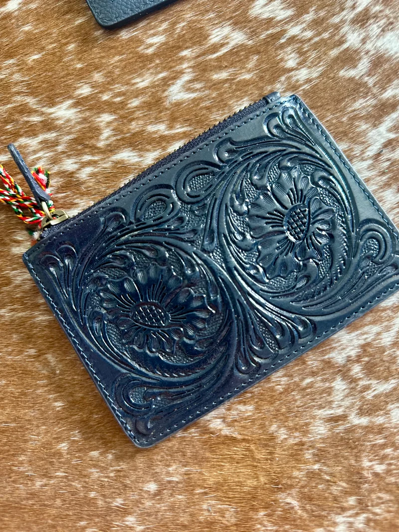 Black Tooled Leather Mini Wallet
