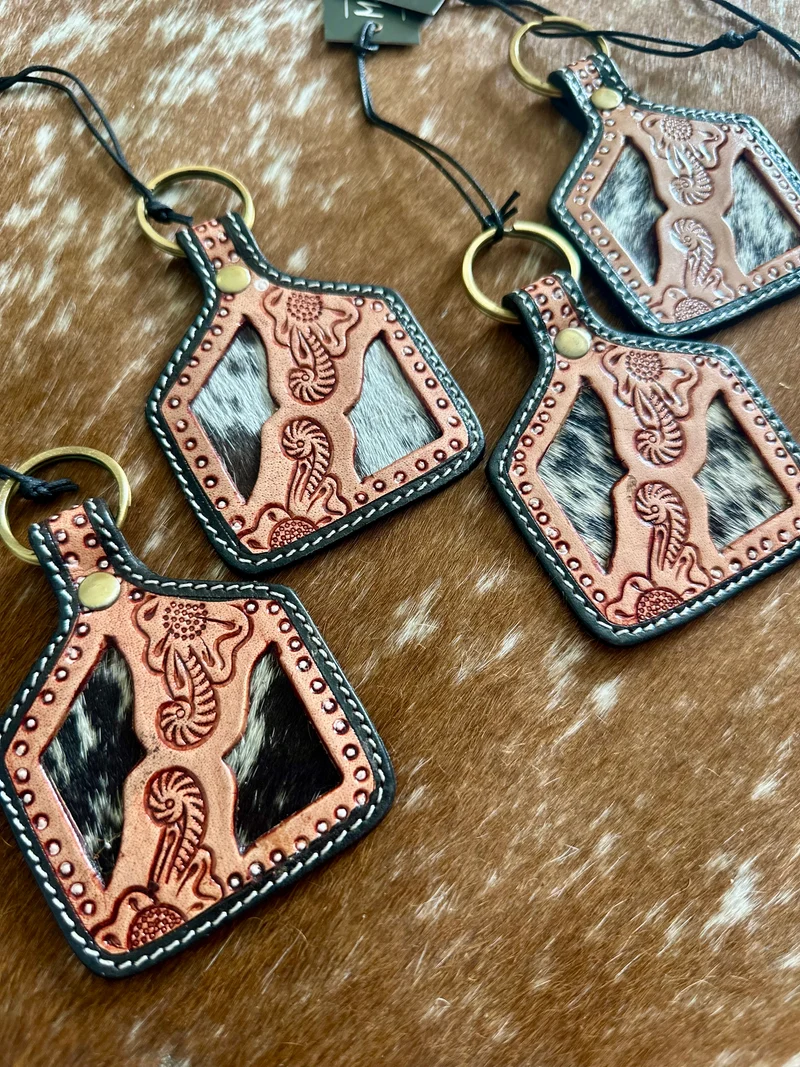 Tooled Leather / Cowhide Eartag Keychain