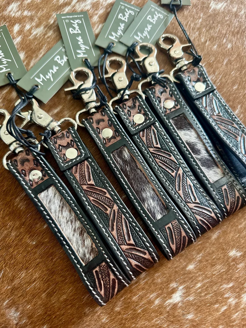 Brown/BlackTooled Leather & Cowhide Keychain - 6”