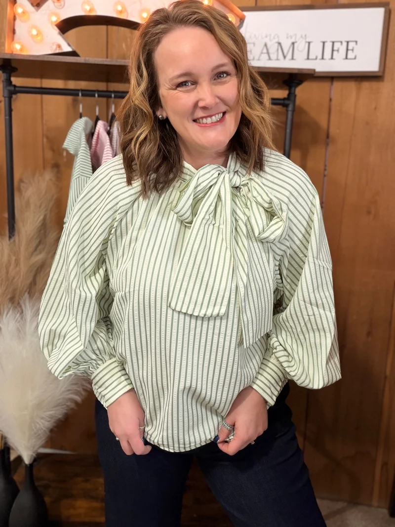 Sage Striped Bow Tie Top