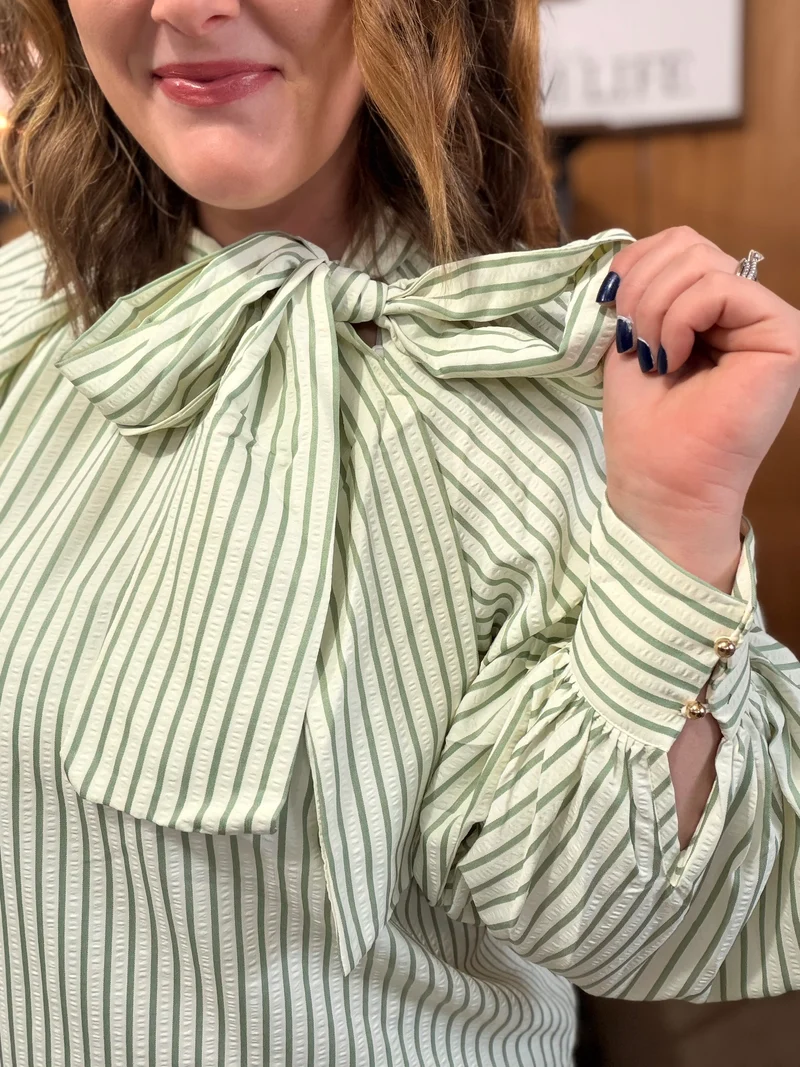 Sage Striped Bow Tie Top