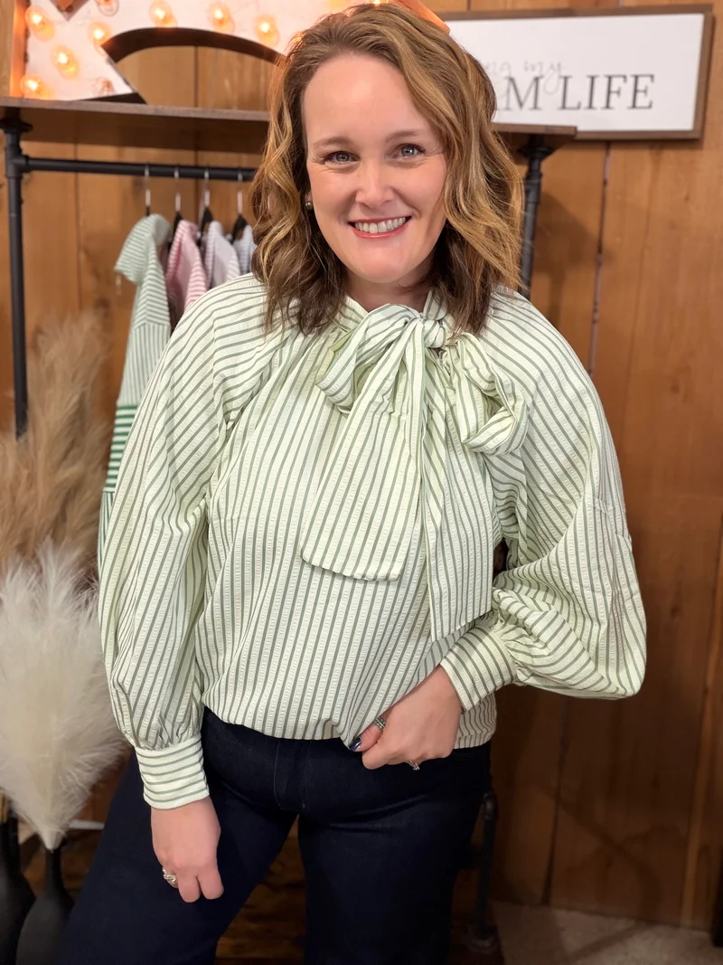 Sage Striped Bow Tie Top