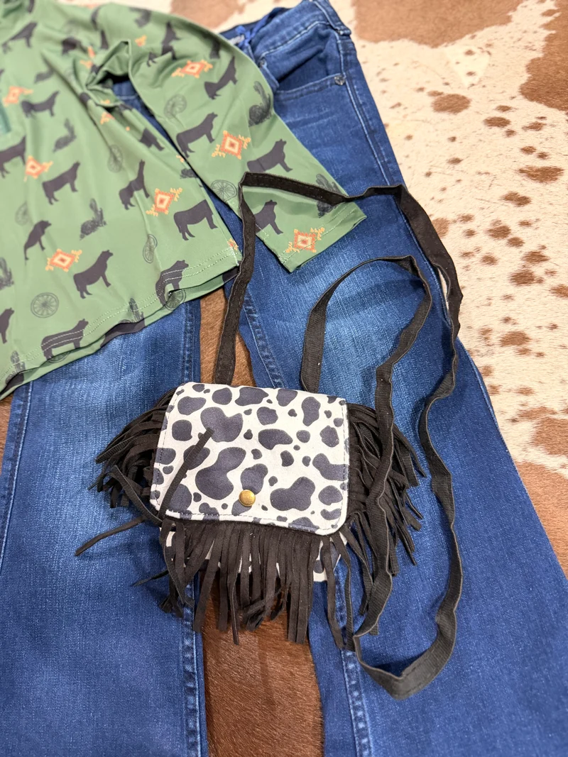 Girls Fringe Cow Print Purse *black