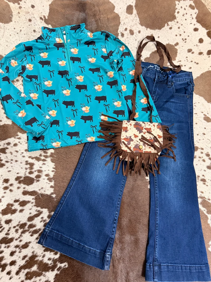 Girls Fringe Cow Print Purse *brown