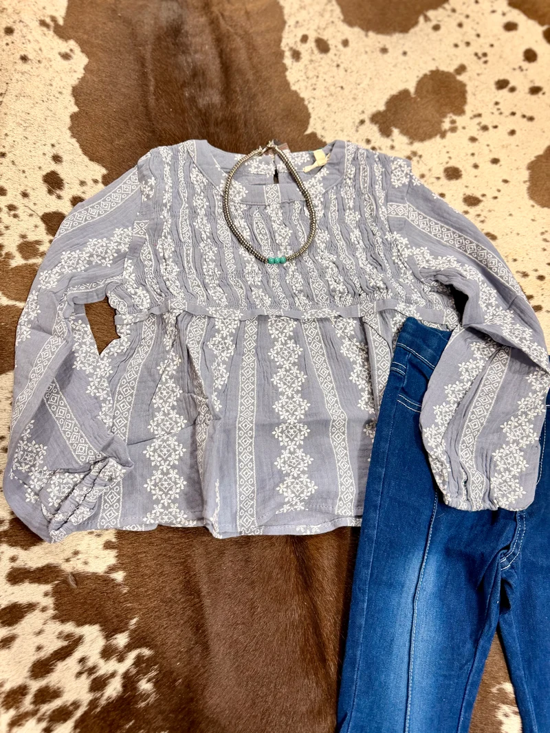 Girls Dusty Blue Embroidered Top