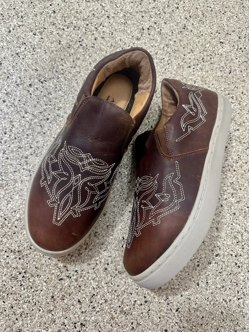 Brown Leather Stitched Slip On Shoes