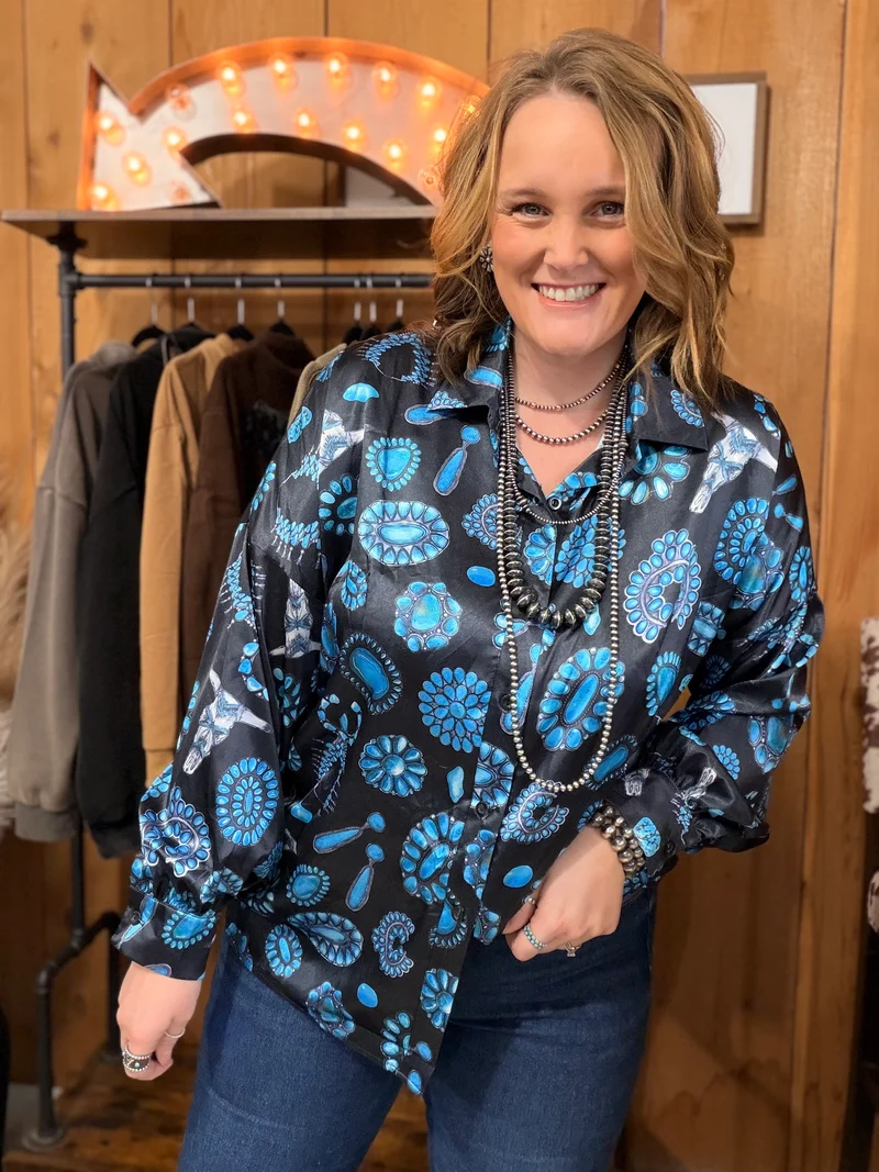 Turquoise Jewels Satin Button Down *Black