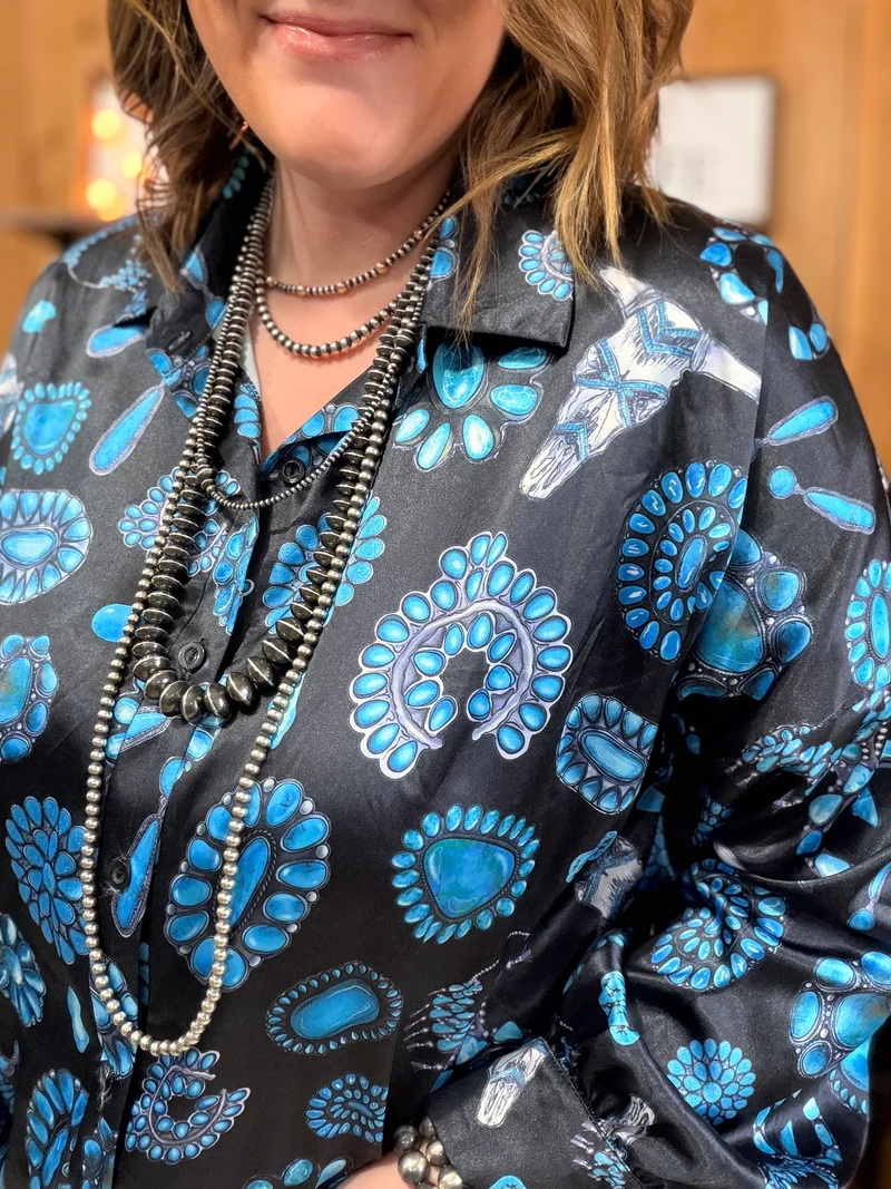 Turquoise Jewels Satin Button Down *Black