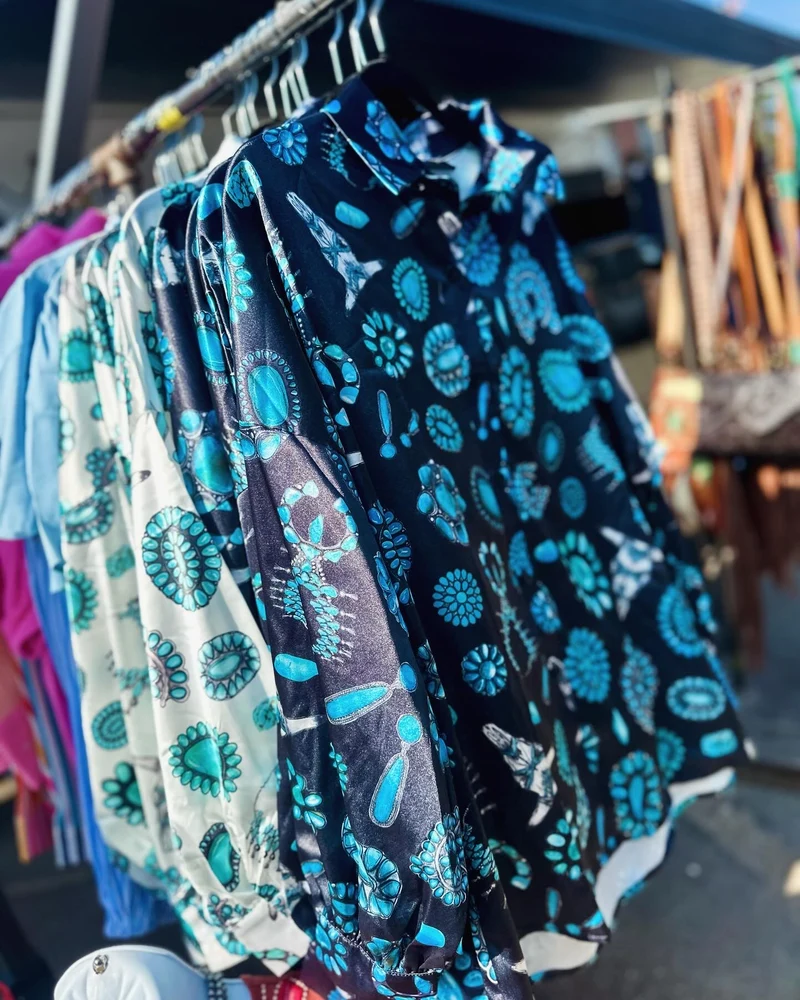 Turquoise Jewels Satin Button Down *Black