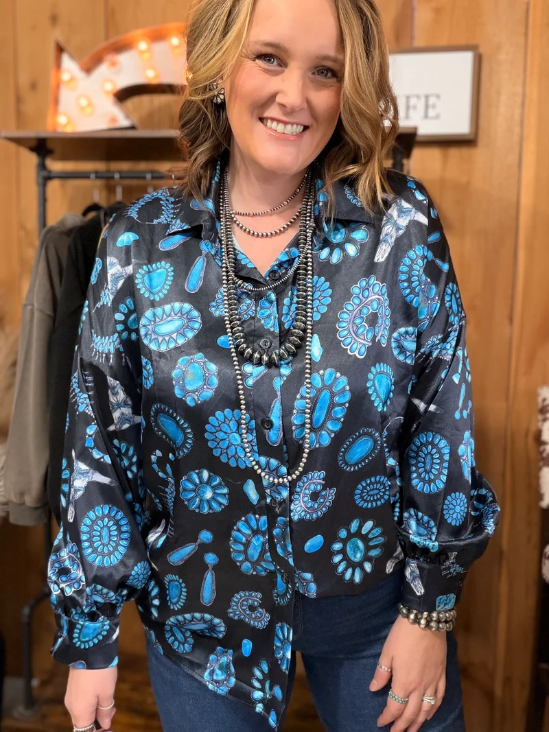 Turquoise Jewels Satin Button Down *Black