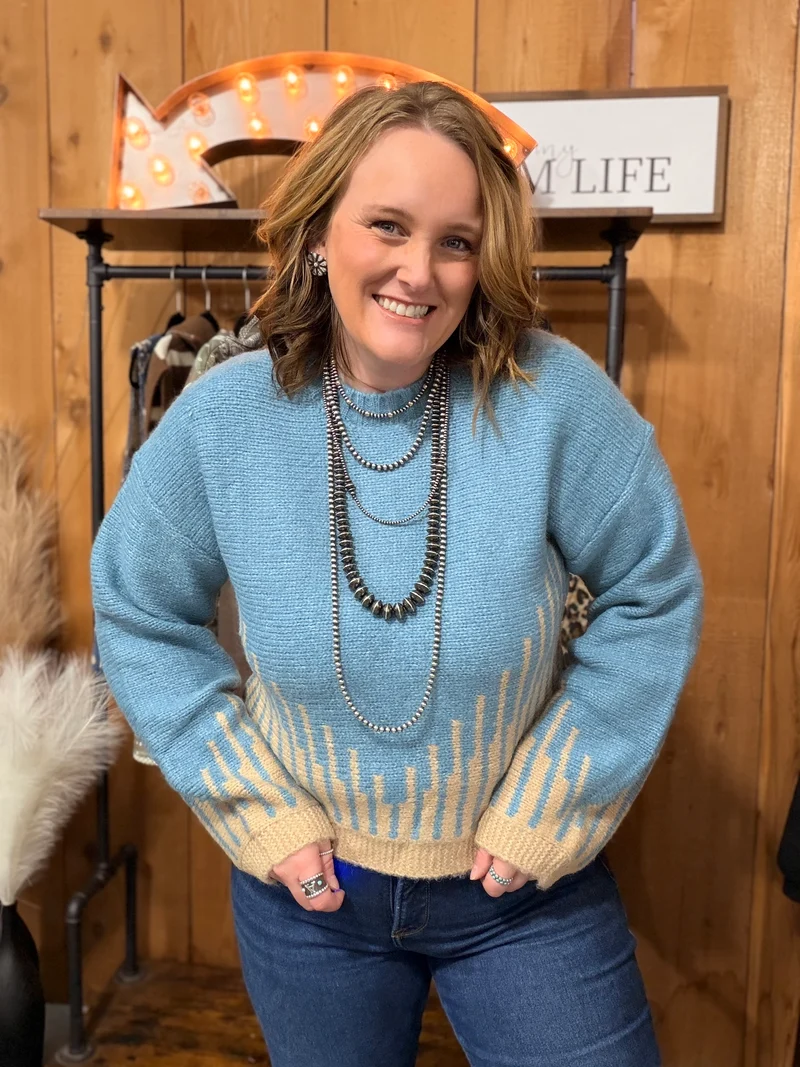 Blue/Tan Balloon Sleeve Sweater
