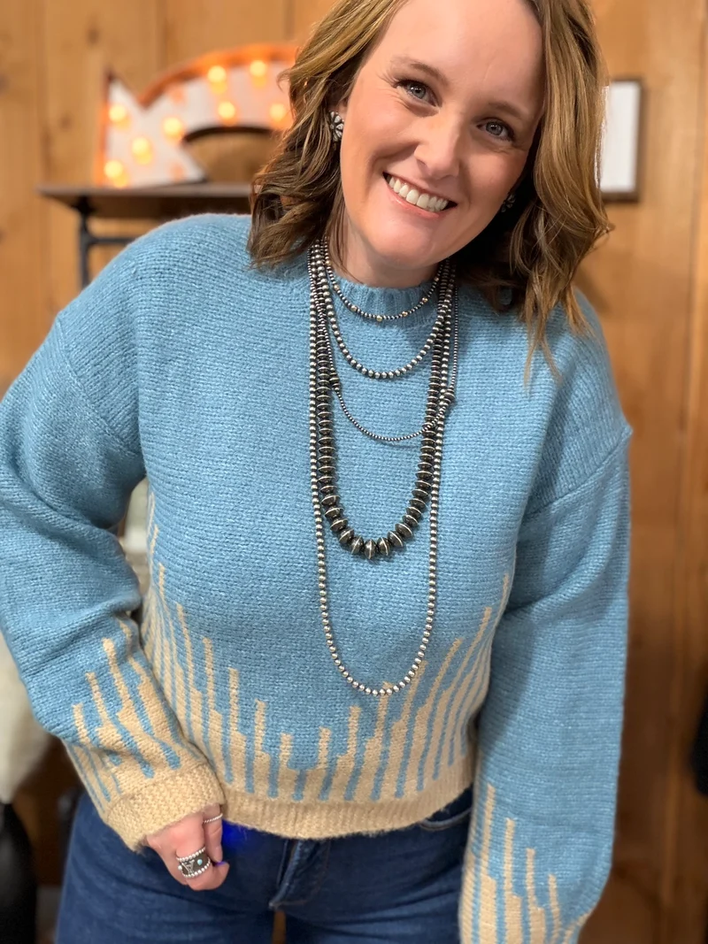 Blue/Tan Balloon Sleeve Sweater
