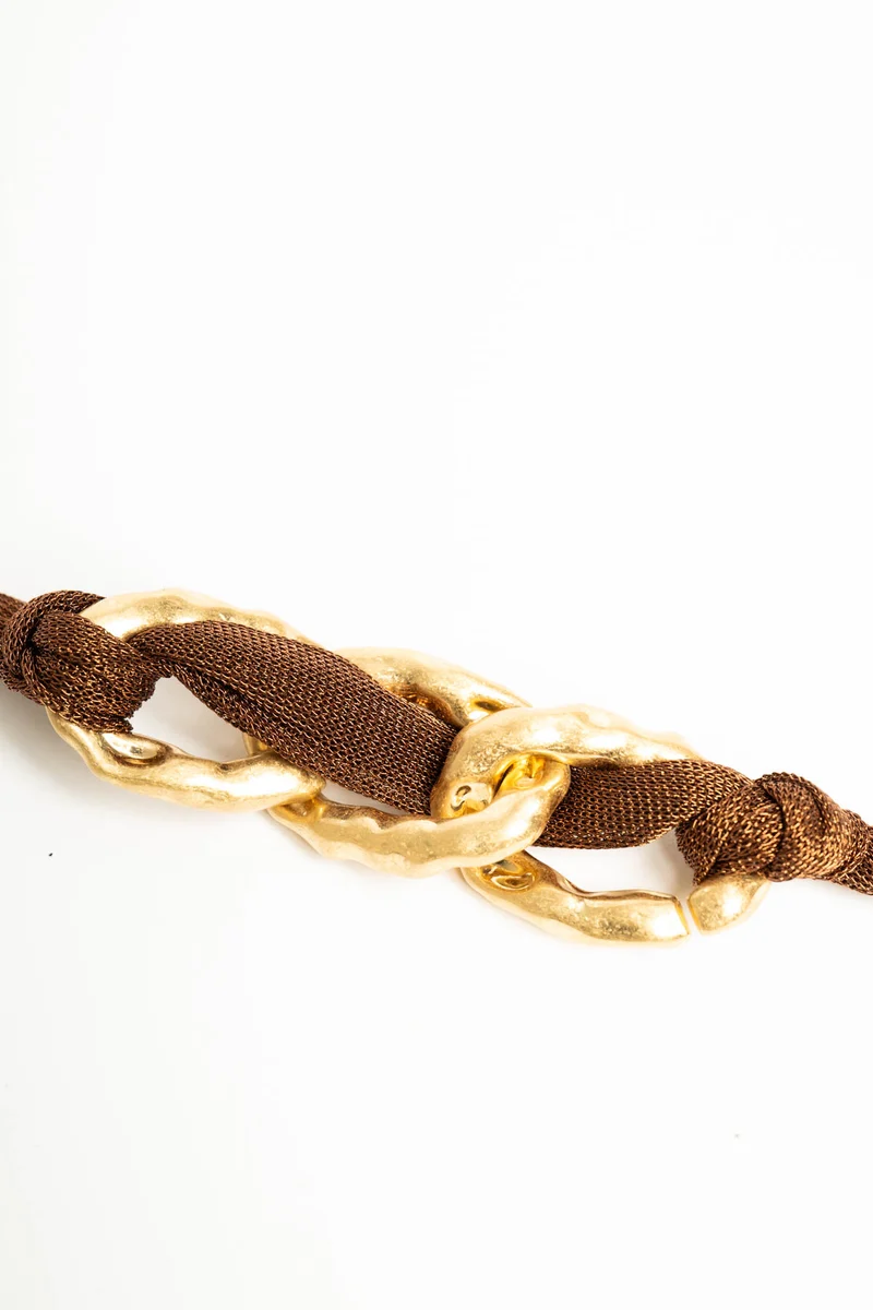 Bracciale intrecciato in metallo e tessuto cioccolato