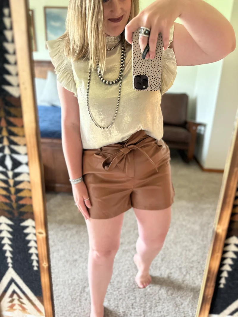 Leather Pleated Shorts with Belt - Camel