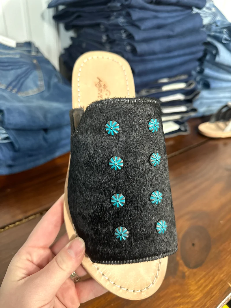 Black Hide Sandals with Turquoise Stones