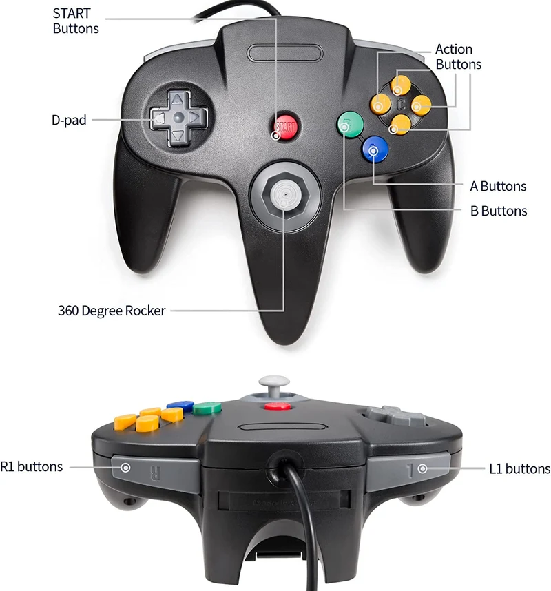 Controller N64 Black -Gamepad di Gioco cablata per N64 -